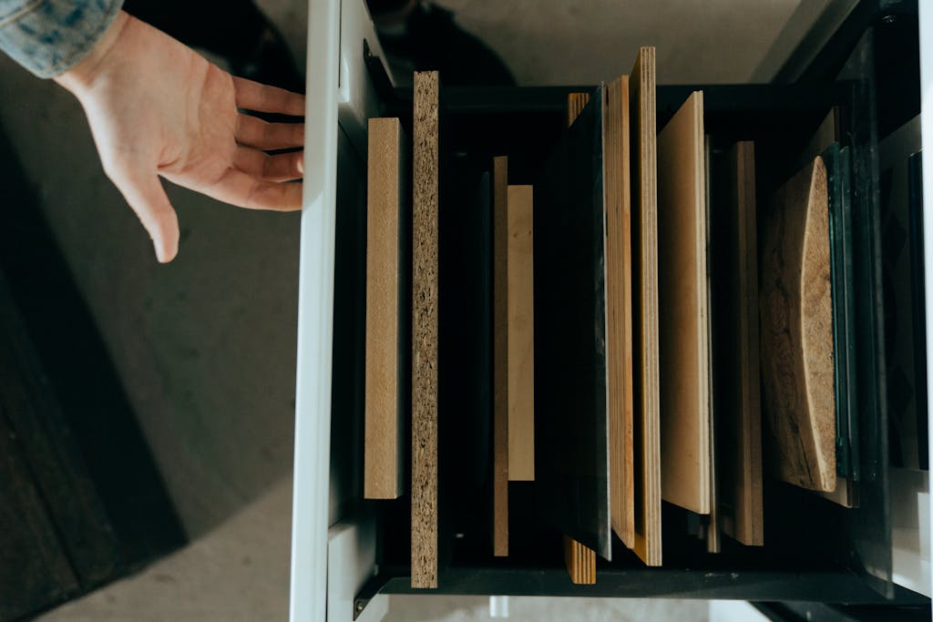 Top view of assorted wooden panels neatly arranged in a drawer with a hand reaching out.