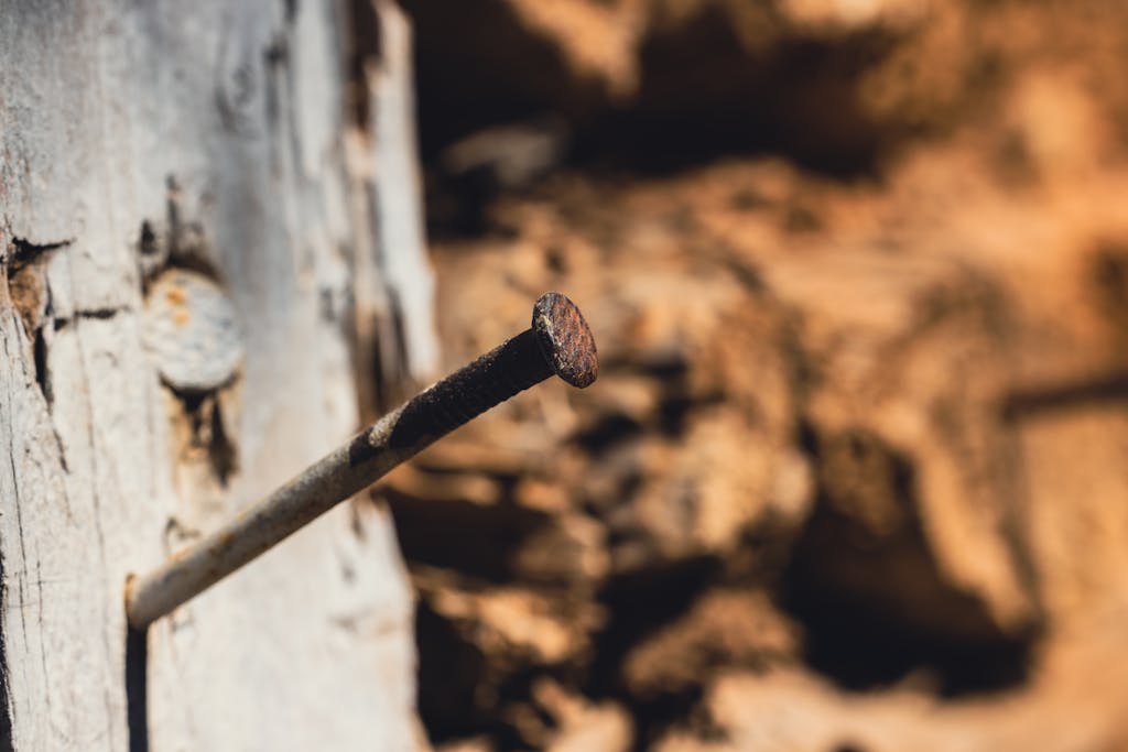 Detailed view of a rusty nail protruding from weathered wood, showcasing texture and age.