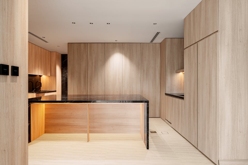 Sleek modern kitchen design featuring wood paneling and black marble countertops.