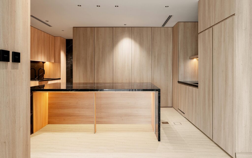 Sleek modern kitchen design featuring wood paneling and black marble countertops.